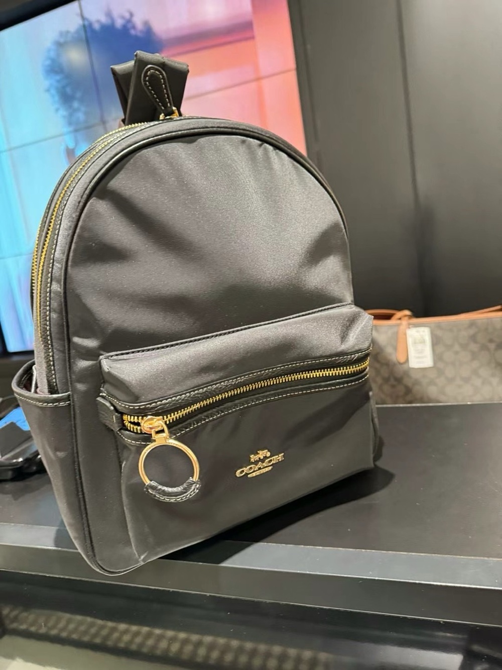 Coach Black Nylon Mini Backpack with Gold Hardware Ring Detail